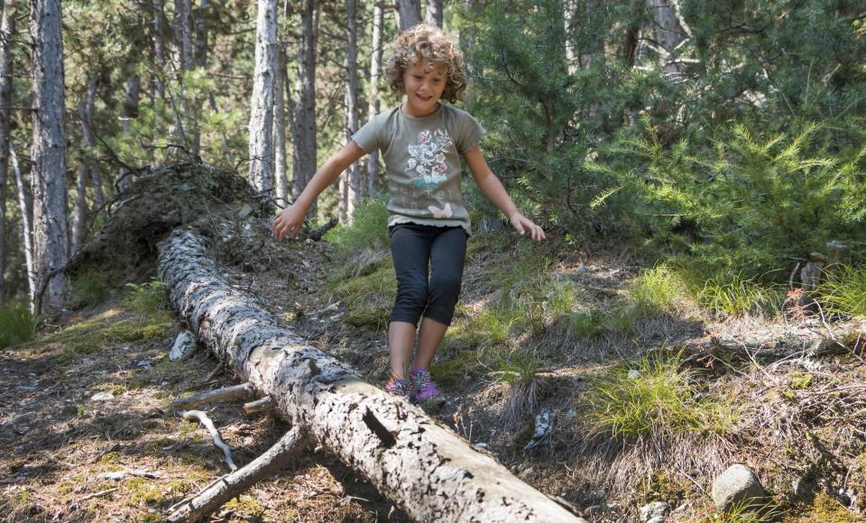 Un bambino in equilibrio su un tronco